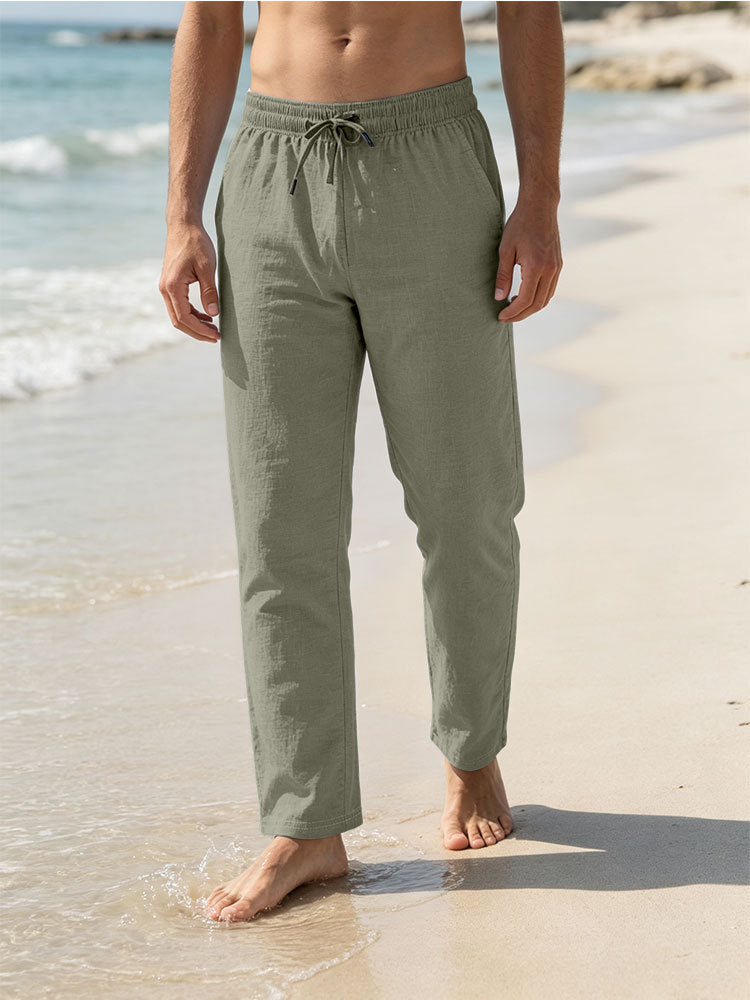 Herren Leichte Leinen-Baumwoll-Hose mit Tunnelzug, elastischem Bund und geradem Schnitt Drune
