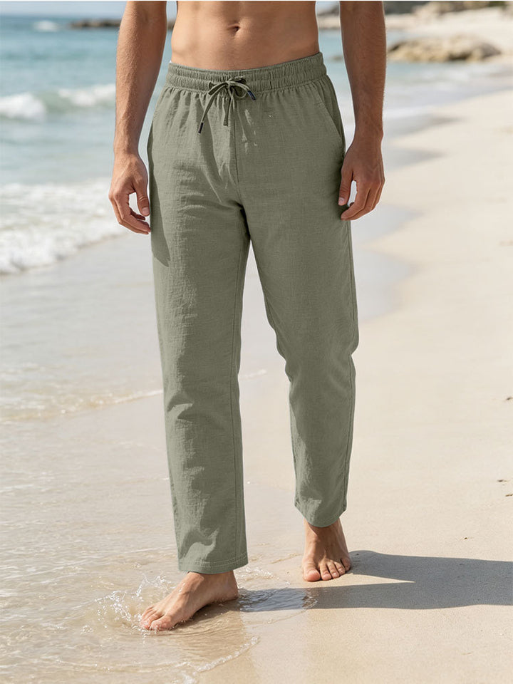 Herren Leichte Leinen-Baumwoll-Hose mit Tunnelzug, elastischem Bund und geradem Schnitt Drune