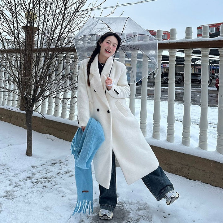 Damen Langer Teddy-Mantel im Oversize‑Schnitt mit Doppelreiher und Reverskragen Drune