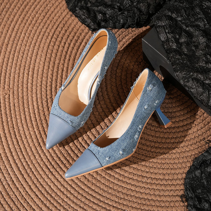 Damen Stylische Denim Spitz-Zehen Absätze Drune