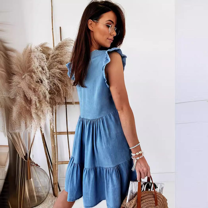Damen lässiges Baumwollkleid mit voluminösen Rüschendetails und A-Linien-Schnitt Drune