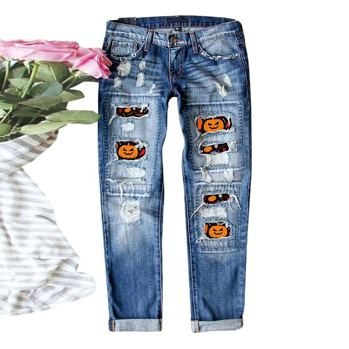 Damen Ripped Jeans mit Halloween-Motiv Drune