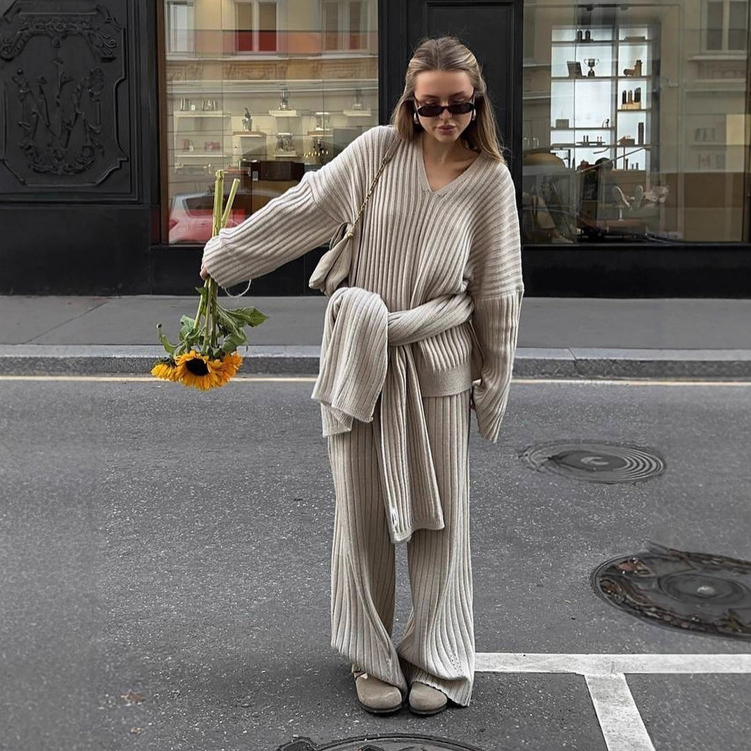 Damen Relaxed Strick-Ensemble mit Schal Drune