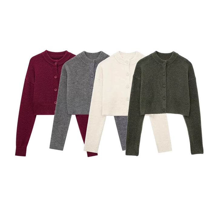 Damen kurze Strickjacke mit Knopfleiste und elegantem Rundhalsausschnitt Drune