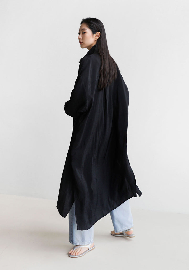 Damen Langer Satin‑Effekt Duster mit Stehkragen, Oversize‑Schnitt und tiefen Seitenschlitzen Drune