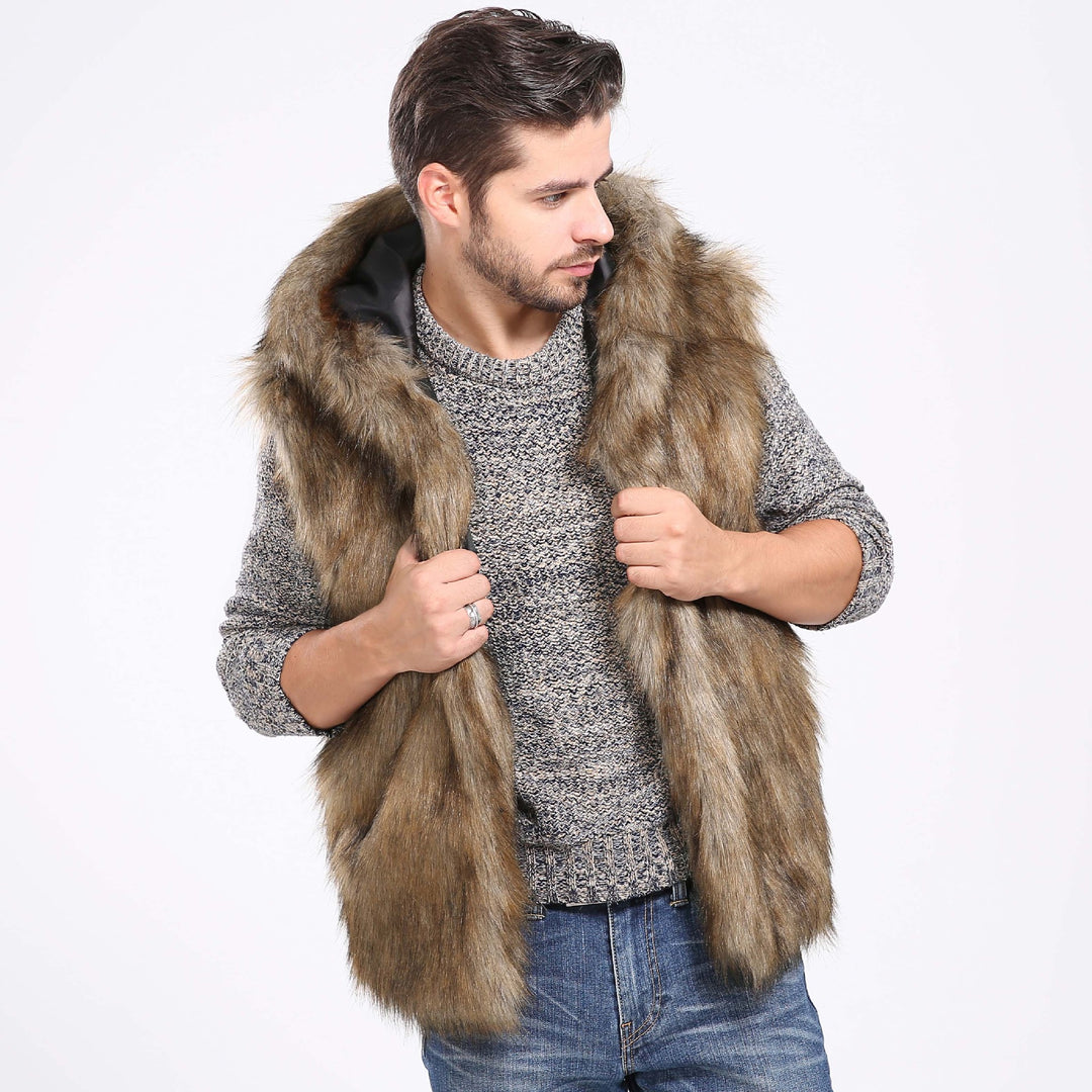 Herren Elegante Kunstpelzjacke mit Kapuze und seitlichen Taschen Drune