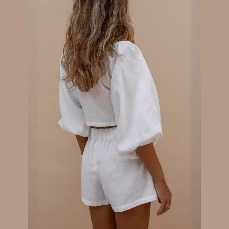 Damen Stylisches Zweiteiliges Set mit puffärmeln und Krawatte Drune