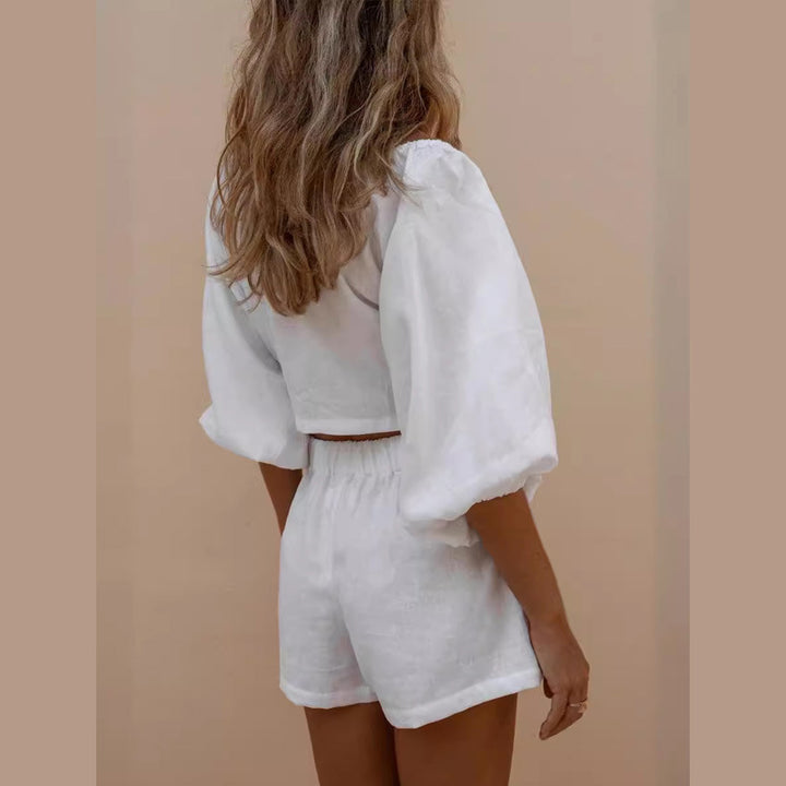 Damen Stylisches Zweiteiliges Set mit puffärmeln und Krawatte Drune