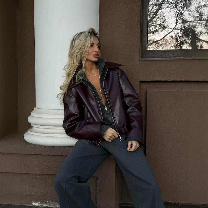 Damen modische Kunstlederjacke mit stylischem Kragen Drune