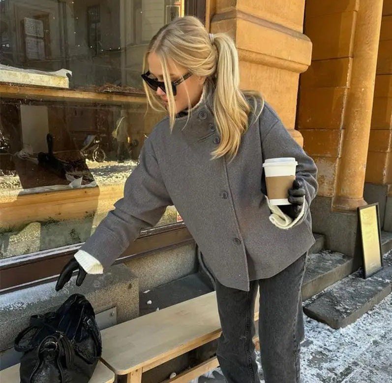 Damen modische Kurzjacke mit hohem Kragen und Knopfverschluss Drune