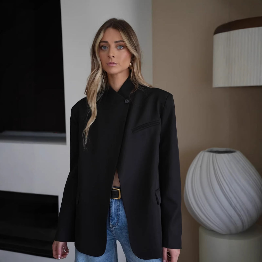 Damen 60+ karierter Mantelblazer mit Mandarinkragen, asymmetrischer Überlappung und Pattentaschen Drune