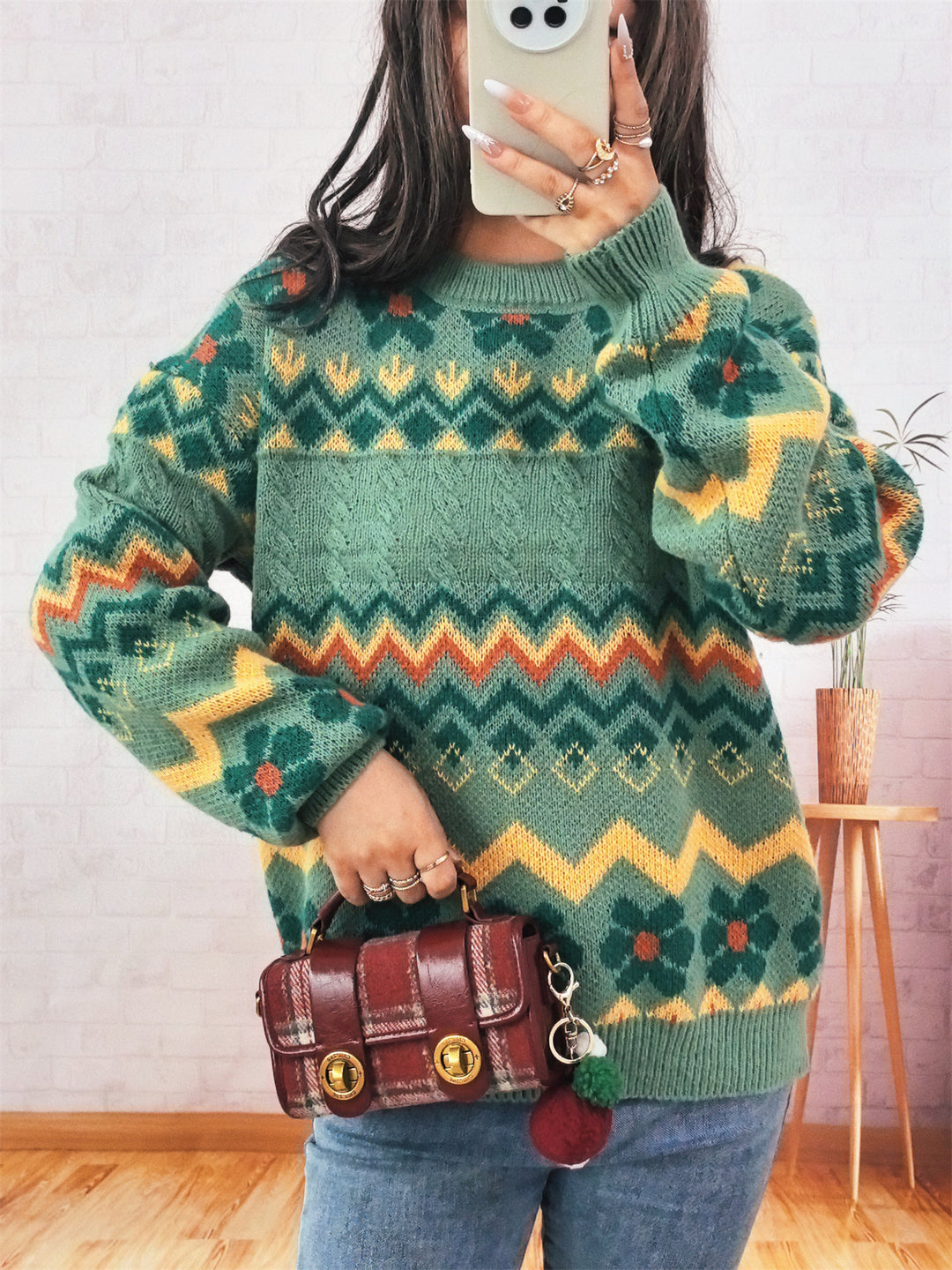 Damen Grobstrickpullover mit buntem geometrischen Muster Drune