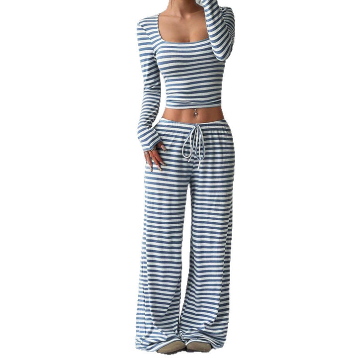 Damen Gestreifter Lounge-Zweiteiler mit weitem Bein und Cropped Langarmtop Drune