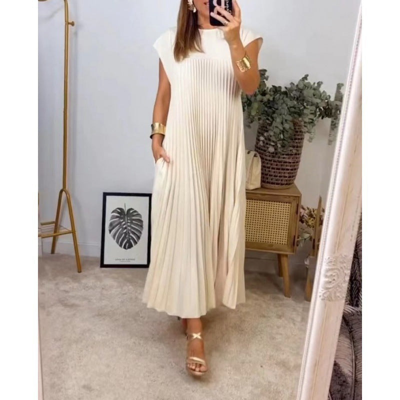 Damen Elegantes plissiertes Maxikleid mit praktischen Taschen Drune