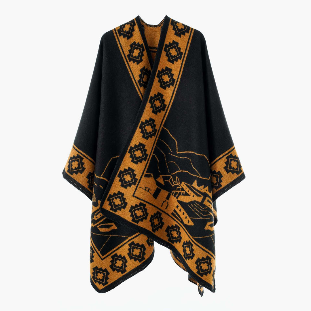 Damen Jacquard‑Strickponcho mit offenem Fall und Bordüren‑Detail Drune