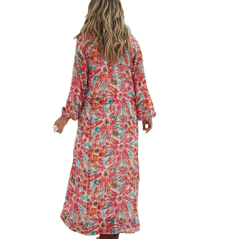 Damen Maxikleid mit buntem Floralprint und leichtem V-Ausschnitt Drune