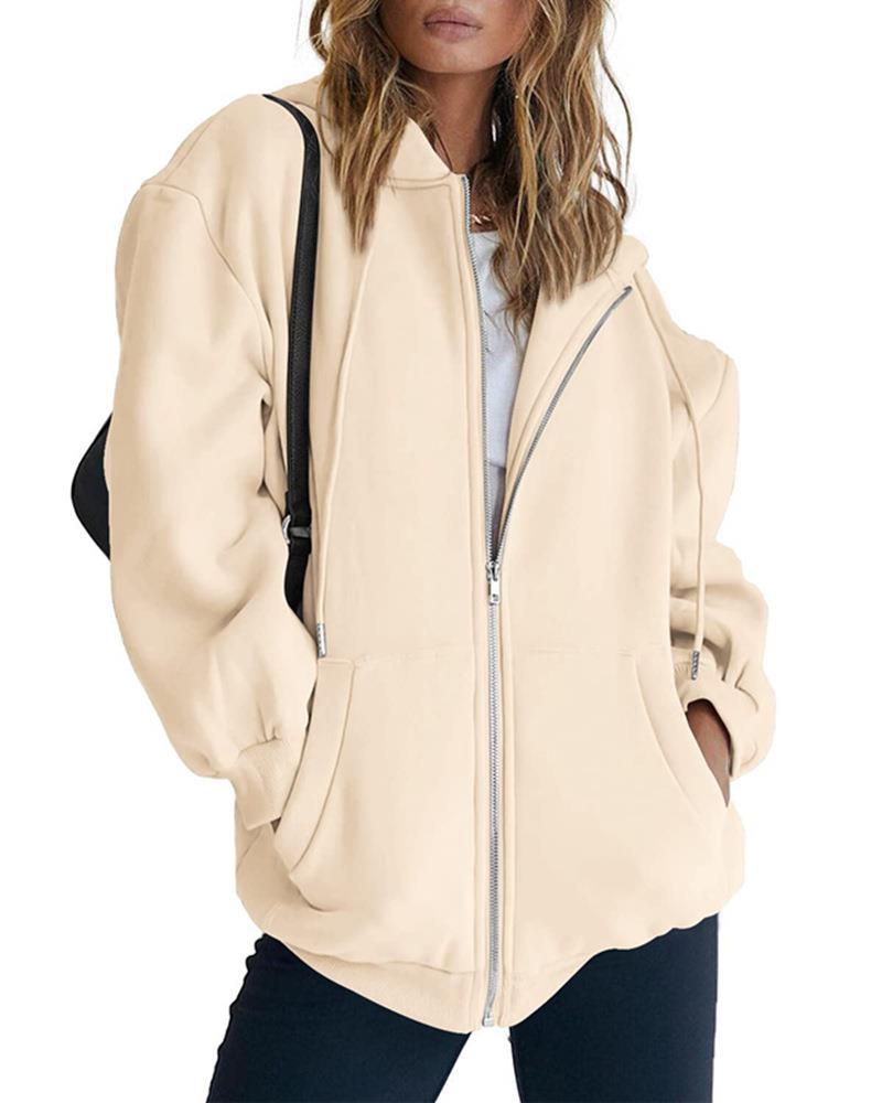 Damen nan Oversize-Zip-Hoodie mit Kapuze Kängurutaschen und weichem French-Terry Drune