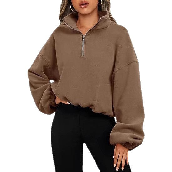 Damen nan kurz geschnittenes Halbzip-Sweatshirt mit hohem Stehkragen, Ballonärmeln und elastischem Saum Drune