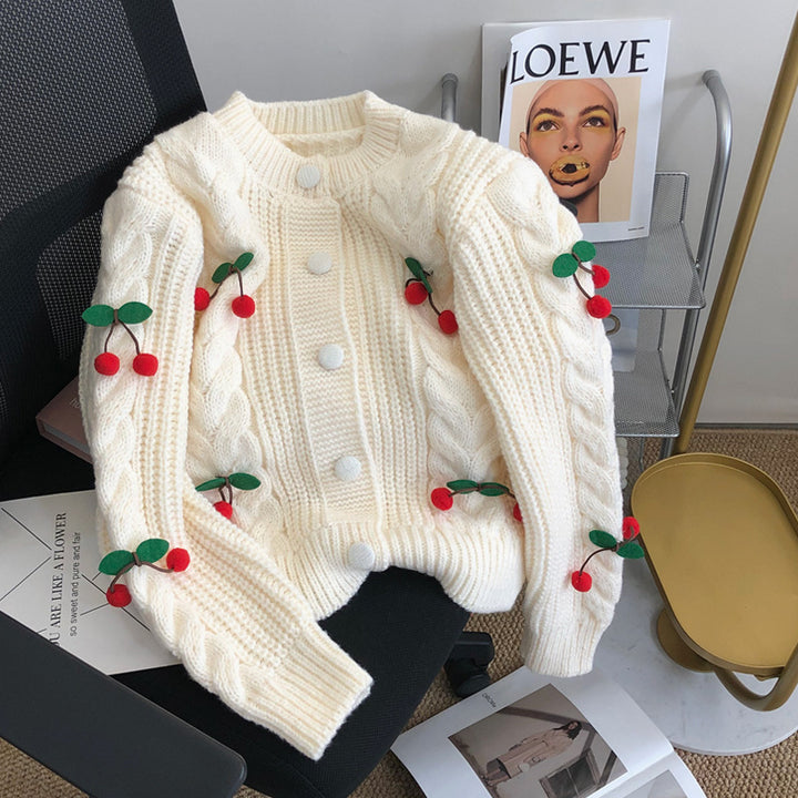 Damen Grobstrickpullover mit floralen Applikationen und Knopfdetails Drune