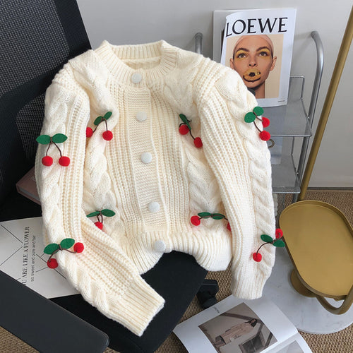 Damen Grobstrickpullover mit floralen Applikationen und Knopfdetails Drune