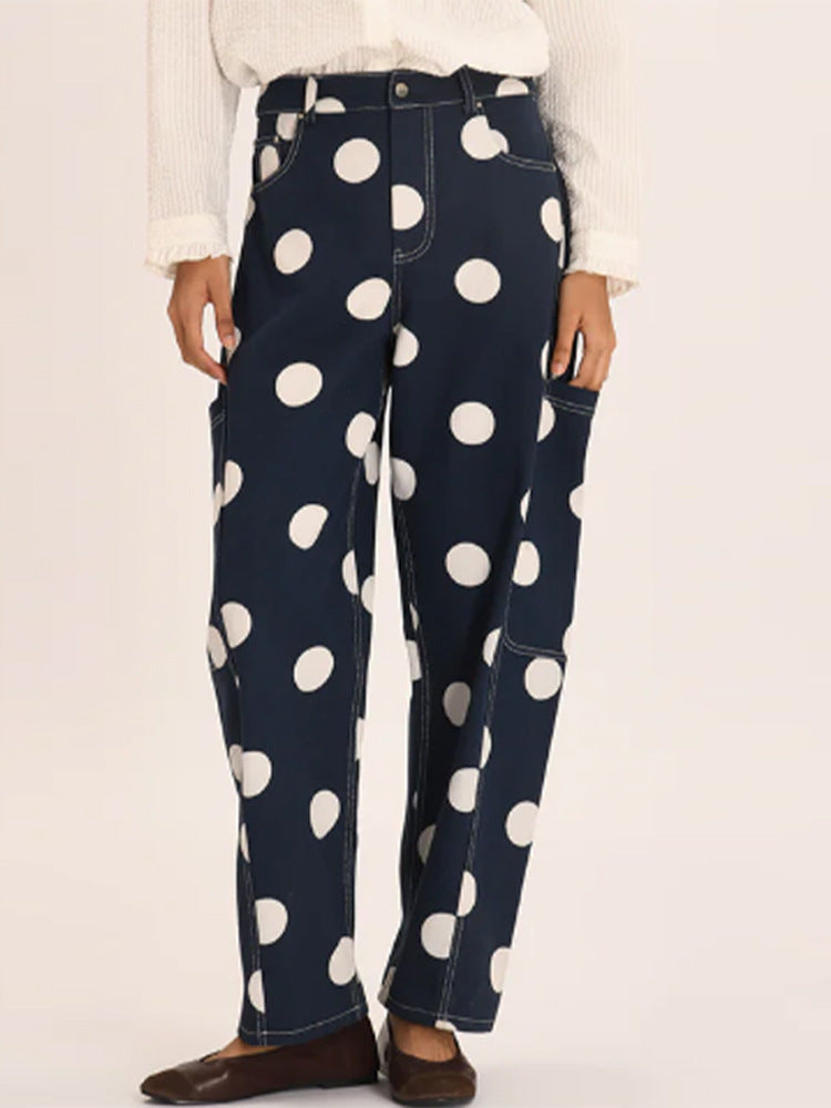 Damen weite Cargo-Hose mit hoher Taille, Punkteprint und sichtbaren Kontrastnähten Drune