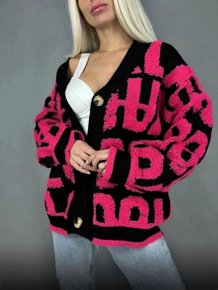 Damen Grobstrick-Cardigan mit kreativem Schriftzug und hochwertigem Material Drune