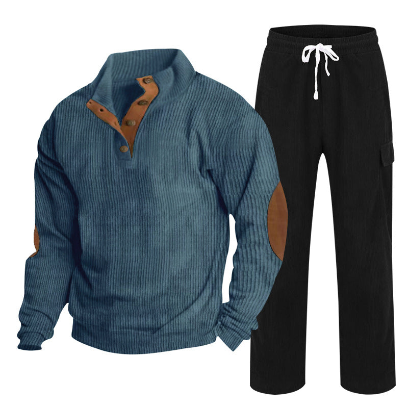 Herren Gemütliches Freizeit-Set aus Waffelstrick-Henley mit Ellenbogenpatch und Relax-Cargo-Hose Drune