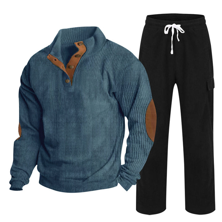 Herren Gemütliches Freizeit-Set aus Waffelstrick-Henley mit Ellenbogenpatch und Relax-Cargo-Hose Drune