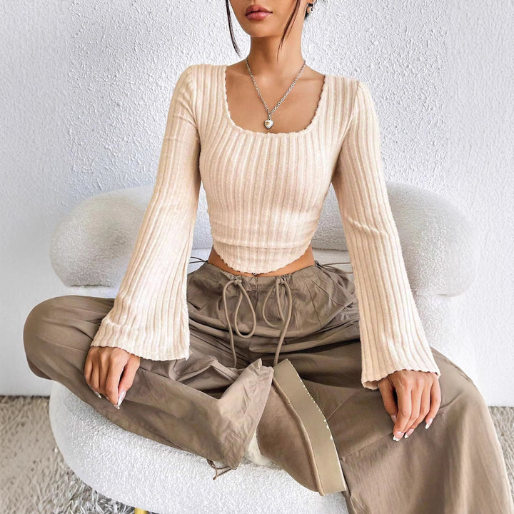 Damen geripptes Crop-Top mit quadratischem Ausschnitt, gewelltem Saum und ausgestellten Ärmeln Drune