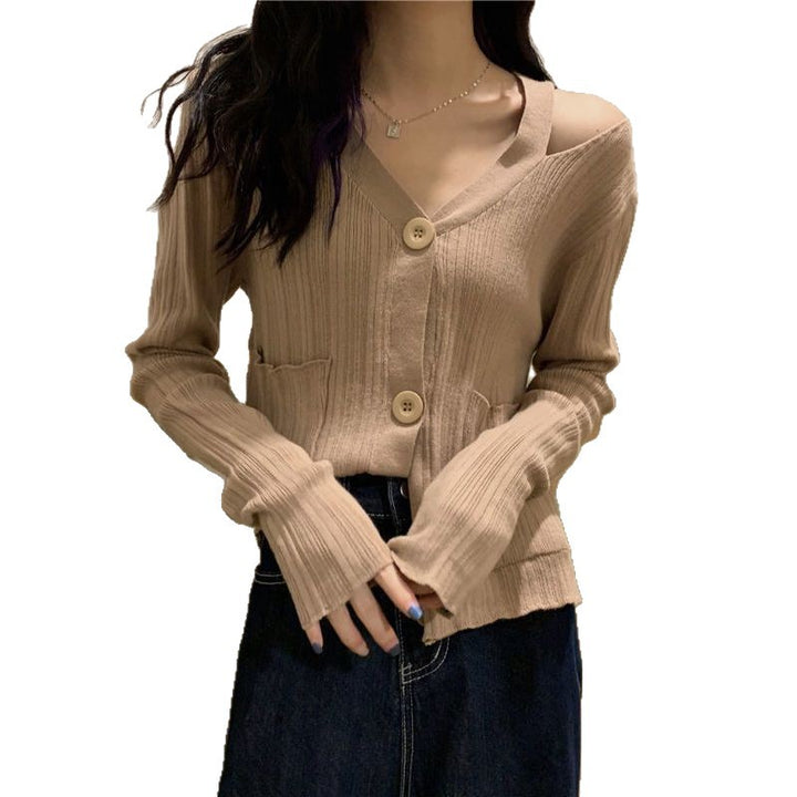 Damen Stilvolle Strickjacke mit V-Ausschnitt und Taschen Drune