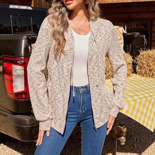 Damen Leichter Strick-Kapuzencardigan mit durchgehendem Reißverschluss und Eingrifftaschen Drune
