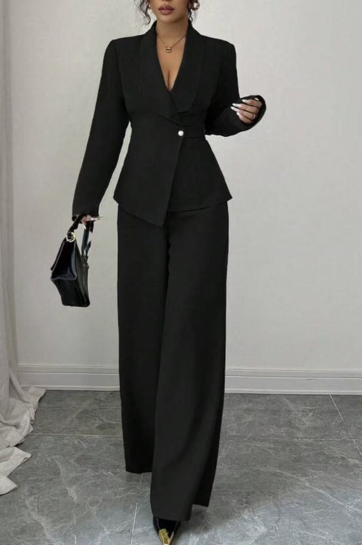 Damen tailliertes Hosenanzug-Set mit asymmetrischem Blazer und weitem Bein Drune