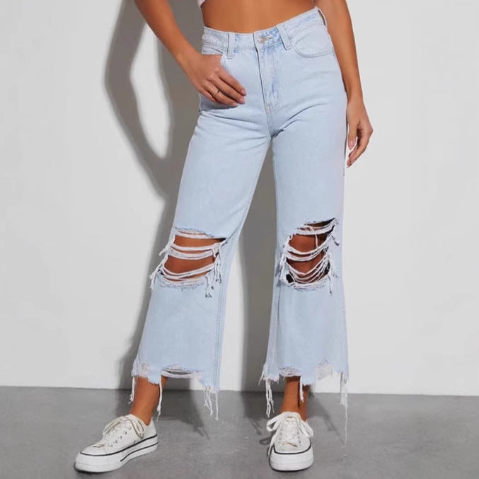 Damen nan cropped-weitjeans mit hoher Taille, ausgefranstem Saum und starkem Knee-Ripping Drune