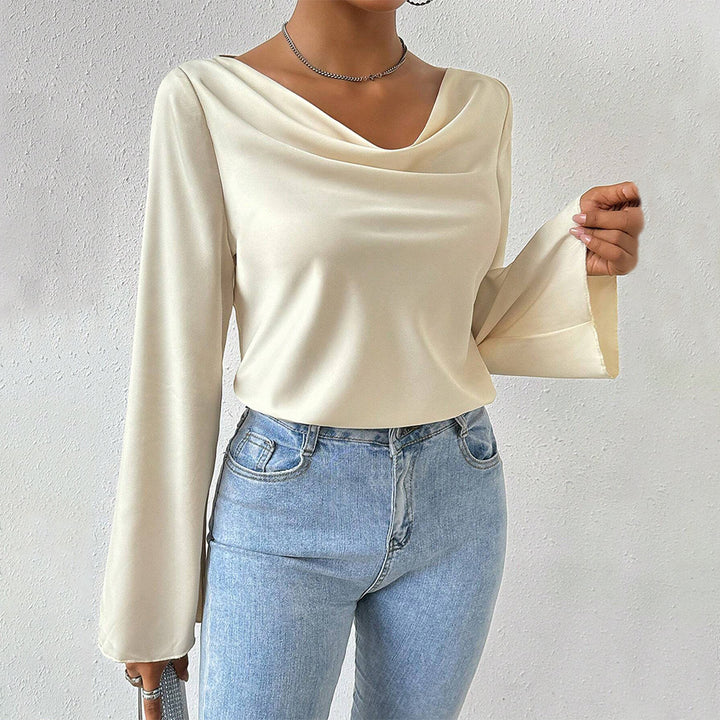 Damen Bluse mit Wasserfallkragen, weiten Trompetenärmeln und fließender Satinoptik Drune