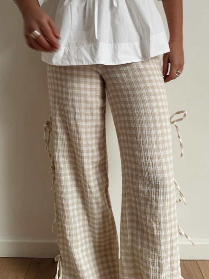 Damen High‑Waist Leinenoptik-Hose mit Gingham-Karo, weitem Bein & seitlichen Bändchen-Details Drune