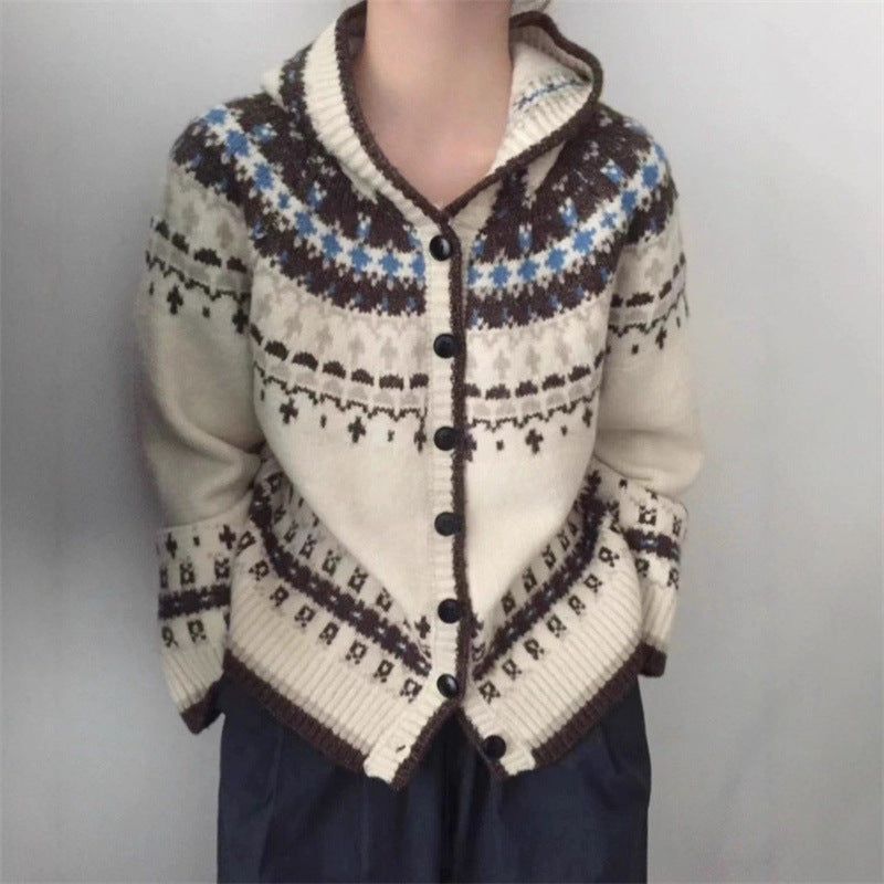 Damen modische Strickjacke mit Kapuze und traditionellem Norwegermuster Drune