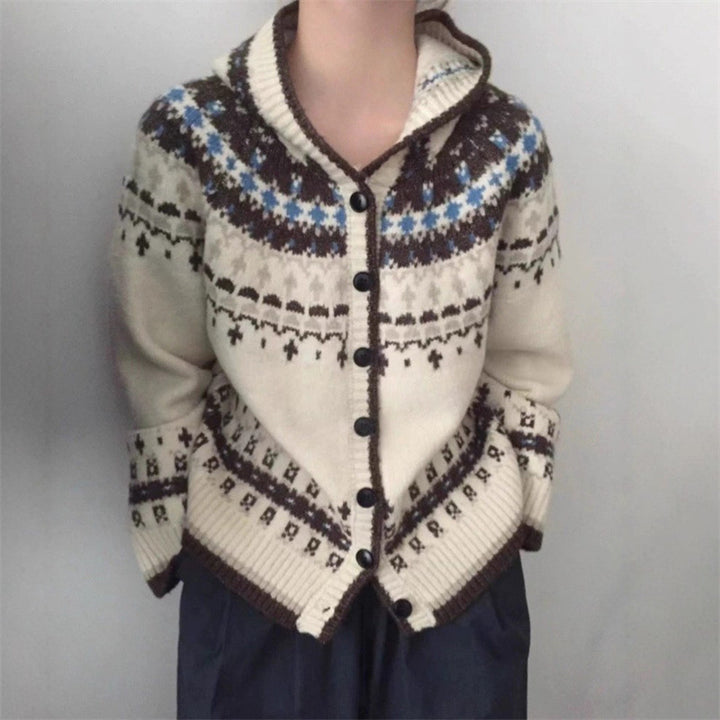 Damen modische Strickjacke mit Kapuze und traditionellem Norwegermuster Drune