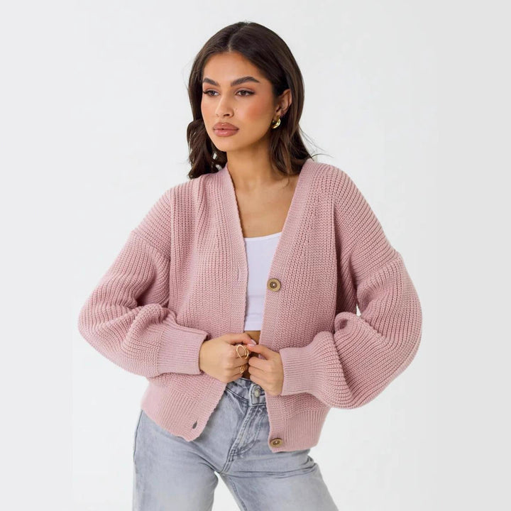 Damen lässiger Strickjacke mit voluminösen Ärmeln und modernen Knopfdetails Drune