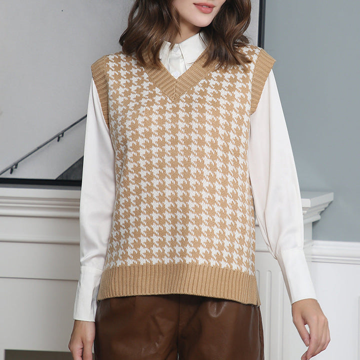 Damen ärmellose Strickweste mit modernem Hahnentrittmuster Drune