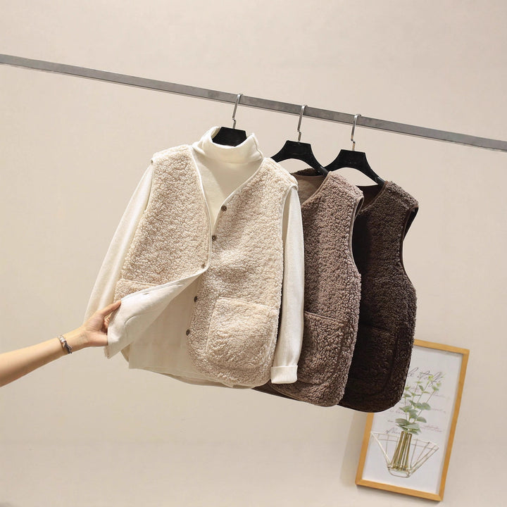Damen Ärmellose Teddyweste mit Knopfleiste und aufgesetzten Taschen Drune