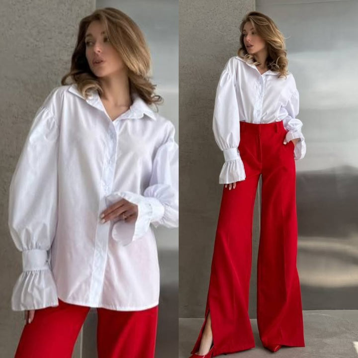 Damen Oversized-Bluse mit Volant-Manschetten und Ballonärmeln Drune