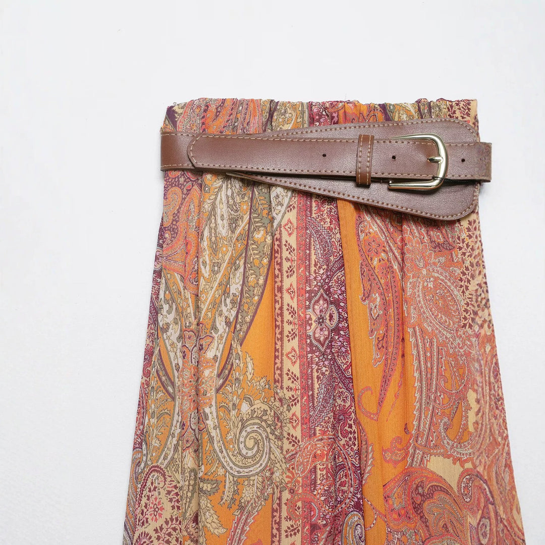 Damen Maxirock mit Paisley‑Print, fließendem A‑Linien‑Schnitt und Taillengürtel Drune