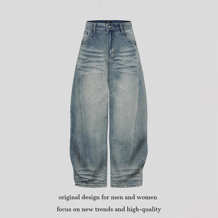 Damen Weite High‑Waist Ballon-Jeans mit Ziernähten Drune