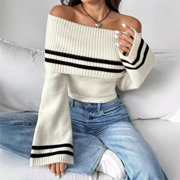 Damen Off-Shoulder Crop-Pullover mit lässigen Streifen Drune