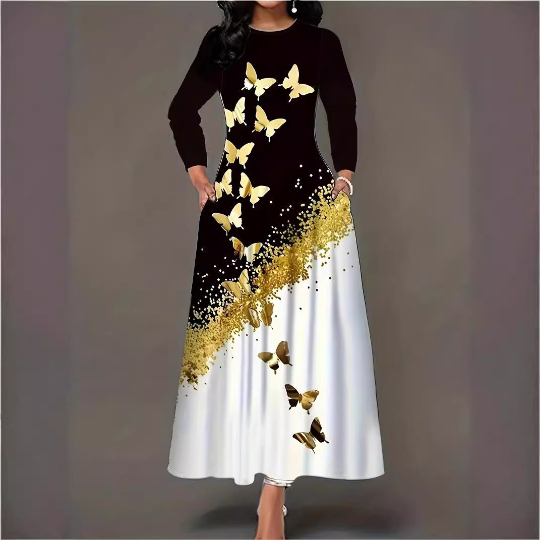 Damen Maxikleid mit elegantem Schmetterlingsmuster und funkelndem Goldakzent Drune