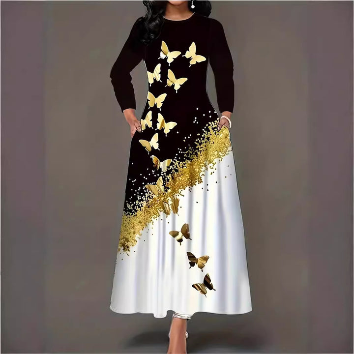 Damen Maxikleid mit elegantem Schmetterlingsmuster und funkelndem Goldakzent Drune