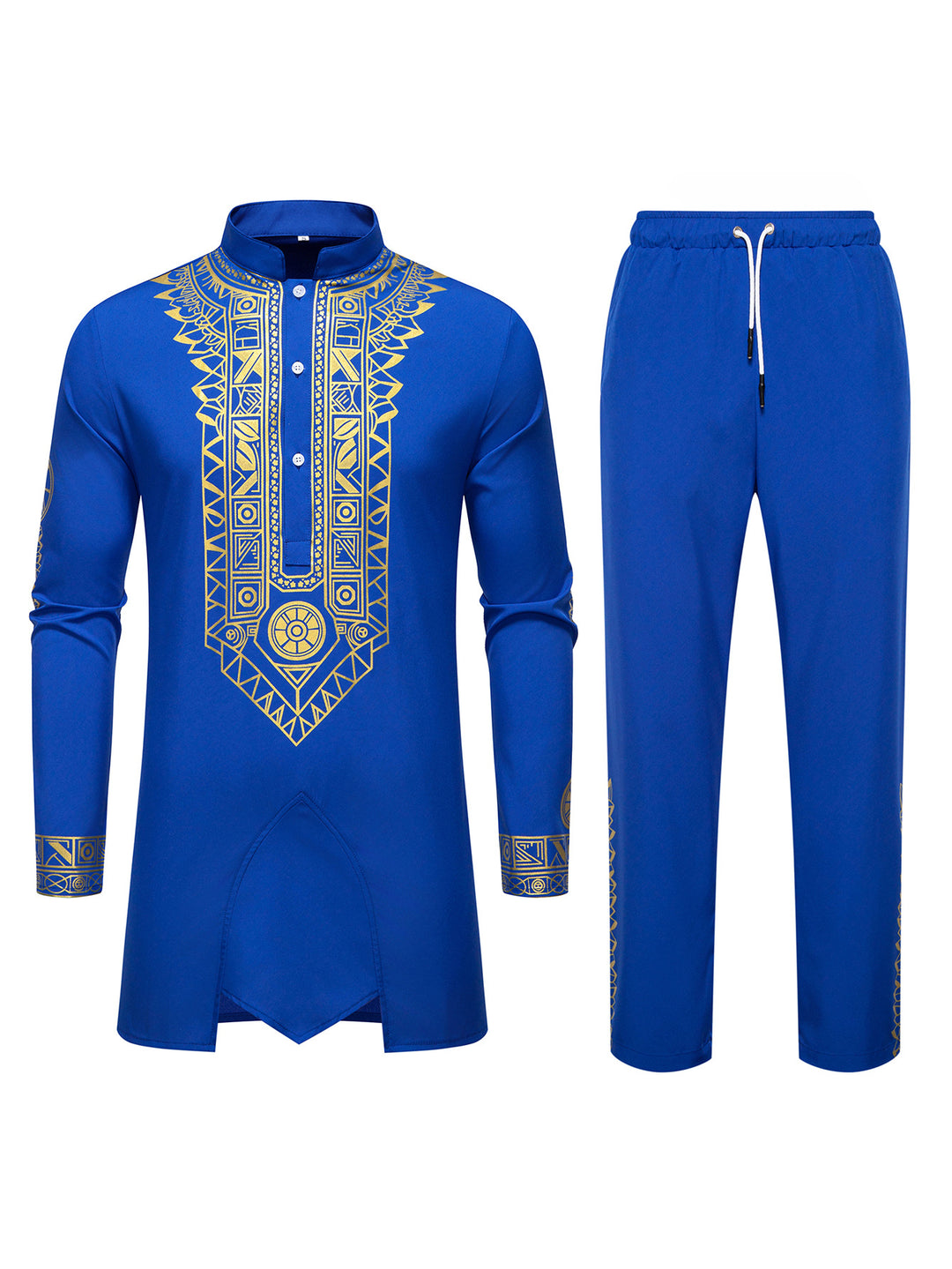 Herren Traditionelles Langarm-Kurta-Set mit Stehkragen, goldfarbenem Ornamentdruck und Tunnelzughose Drune