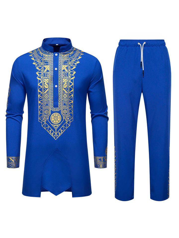 Herren Traditionelles Langarm-Kurta-Set mit Stehkragen, goldfarbenem Ornamentdruck und Tunnelzughose Drune