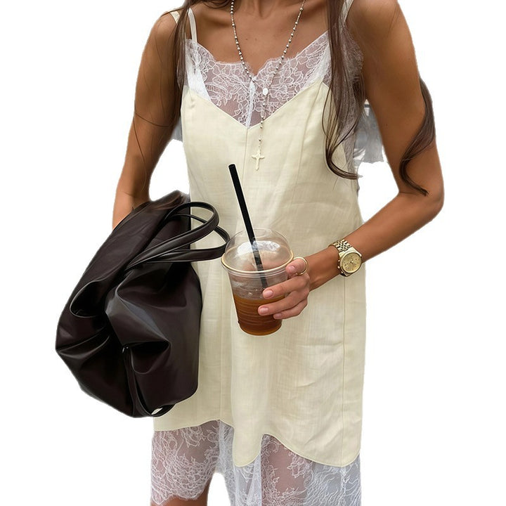 Damen lässiges Slip-Kleid mit Spitzeneinsätzen und Knopfdetails Drune