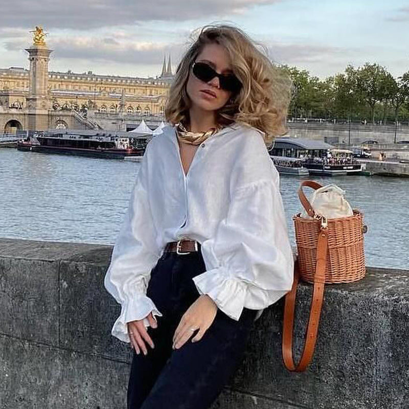 Damen lässige Leinenbluse mit ballonärmel Drune
